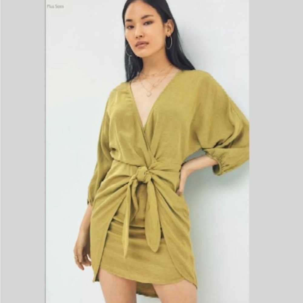 Anthropologie Puff Sleeve Wrap Mini Dress Olive Green 12P 12 Petite